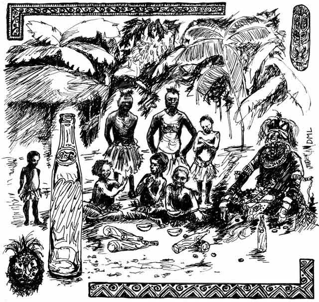ink drawing of cannibals sitting around in jungle with pepsi bottles